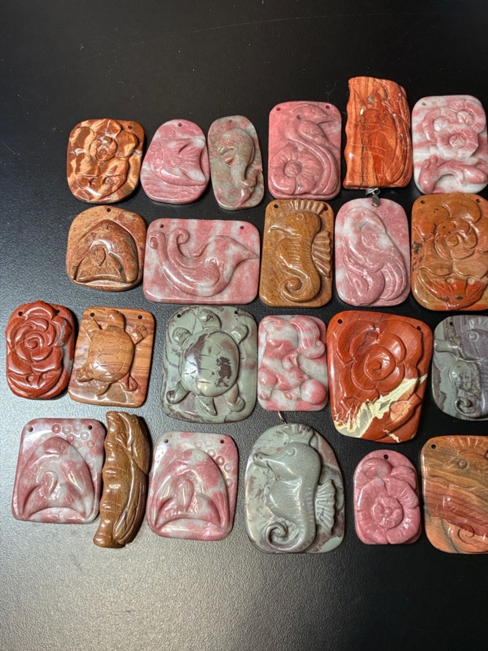 Hand-Carved gemstone Pendant Lot in Pink, Red & Brown grey and red